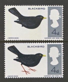 1966 Birds 4d Blackbird phosphor SG 698pj with Reddish Brown omitted Cat Â£175